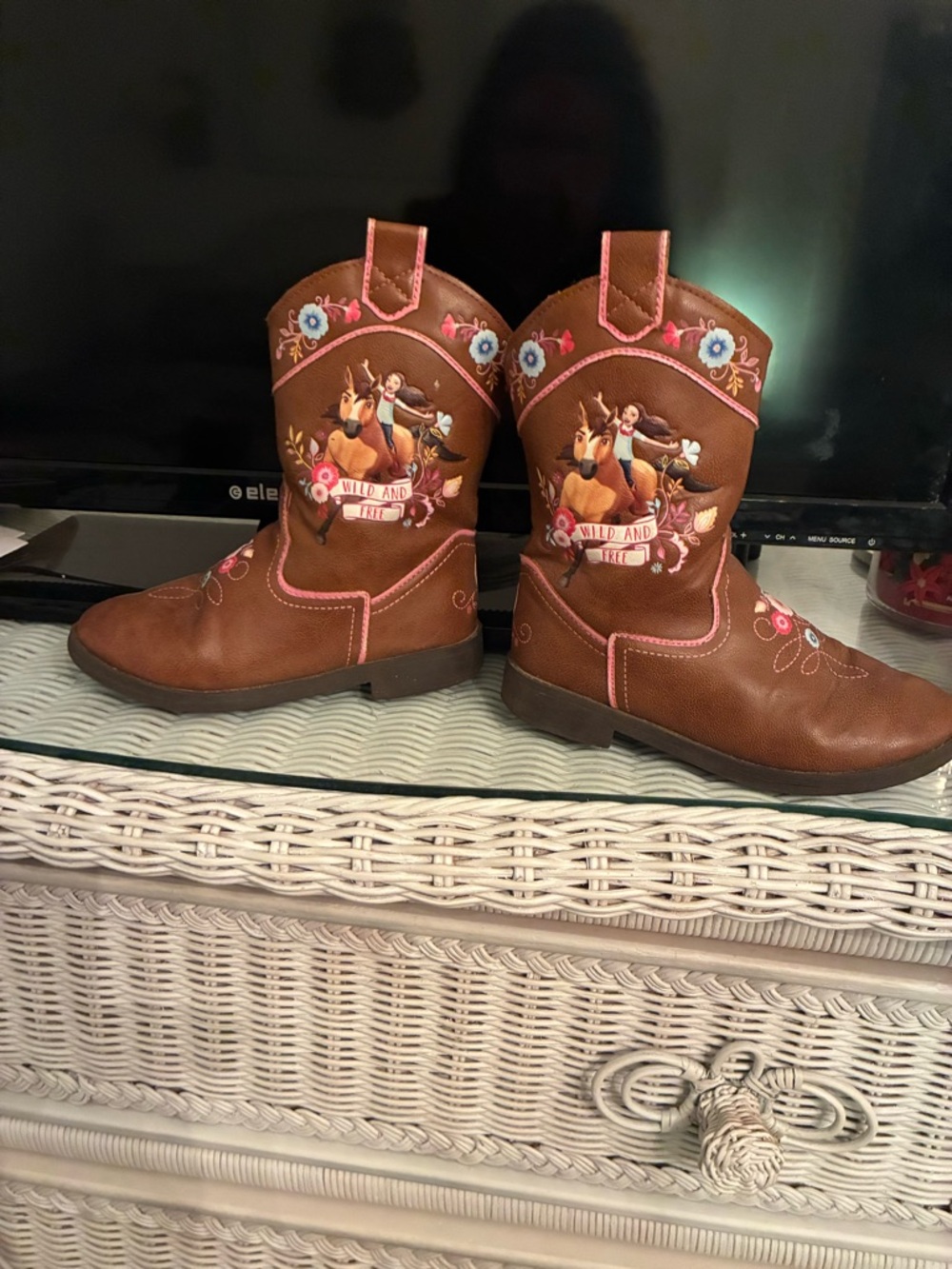 Dreamworks Brown Girls' Cowboy Boots with Pink and Multicolor Embroidery